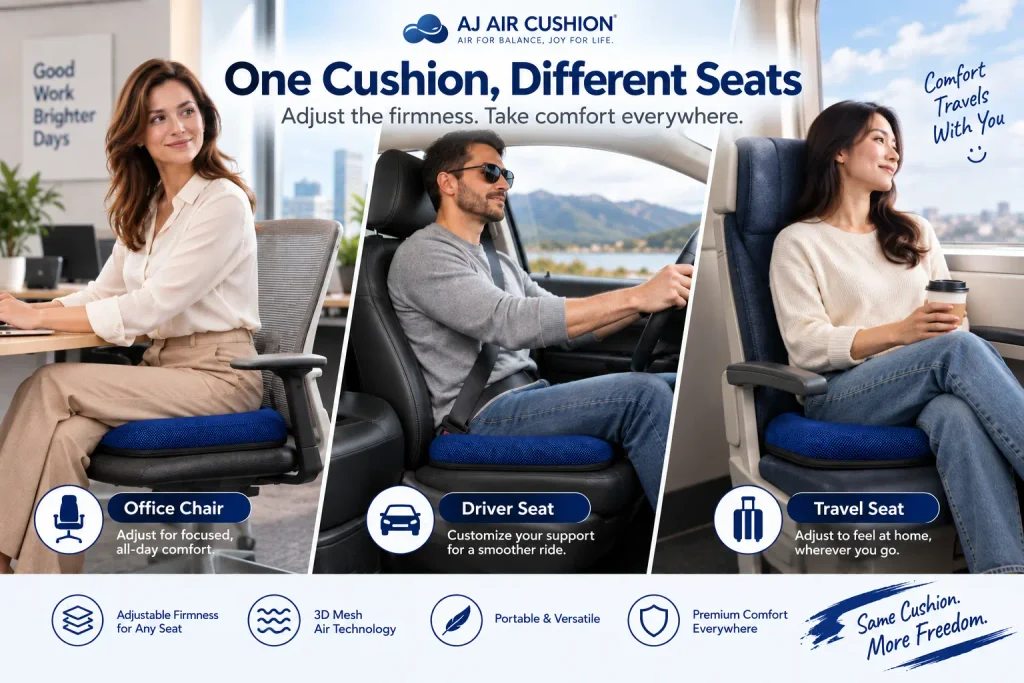 Adjustable air cushion used for office driving and travel seating