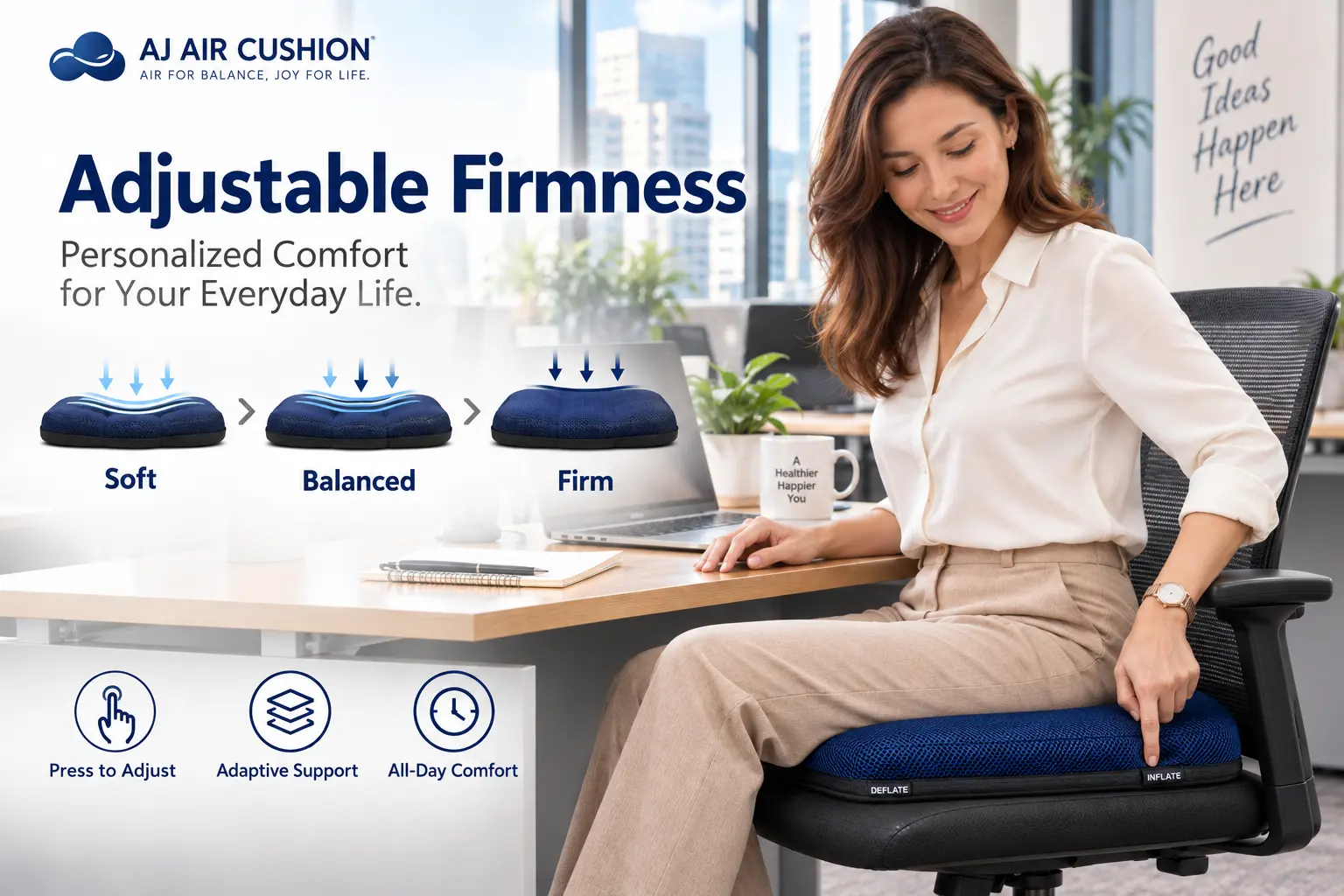 Adjustable air seat cushion firmness guide for comfortable long sitting