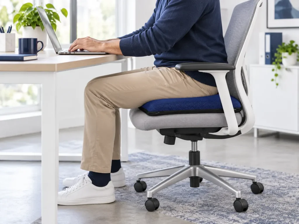 Office worker seated on a Navy Blue AJ Air Seat Cushion at a properly adjusted desk chair