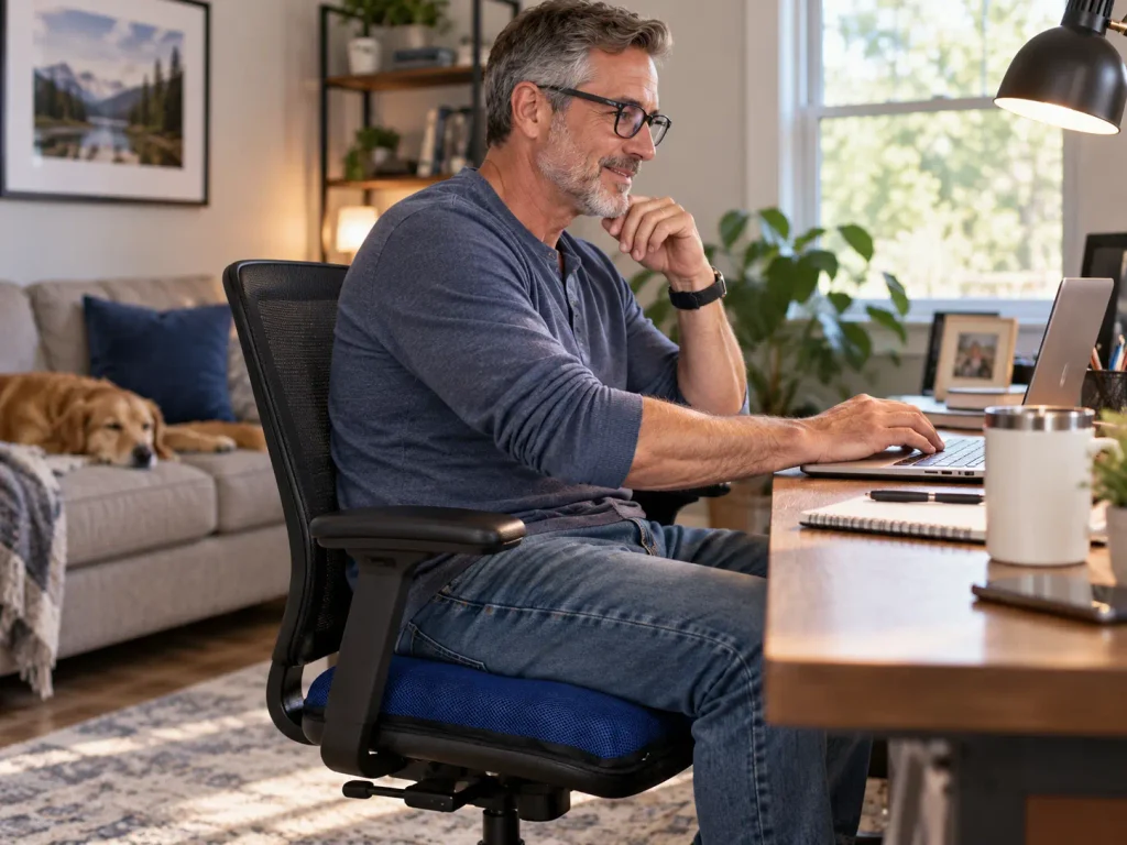 Blue AJ Air Cushion used on a home office chair in a realistic American living space during football season.