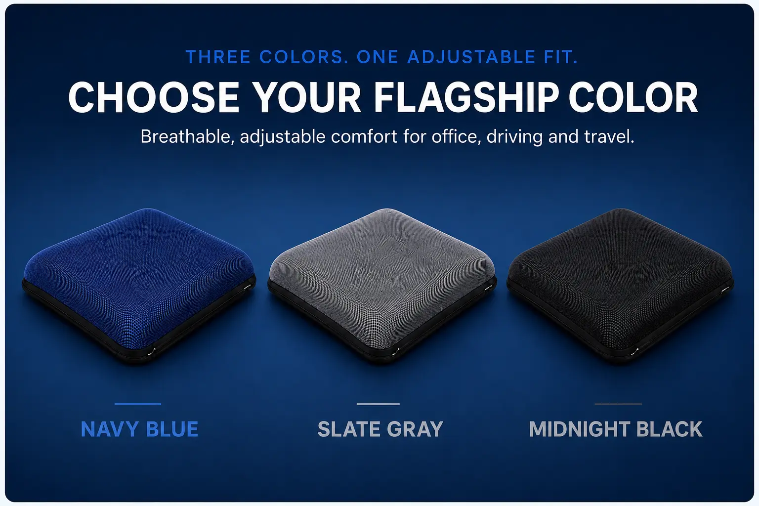 AJ Air Cushion flagship seat cushions in Navy Blue, Slate Gray and Midnight Black