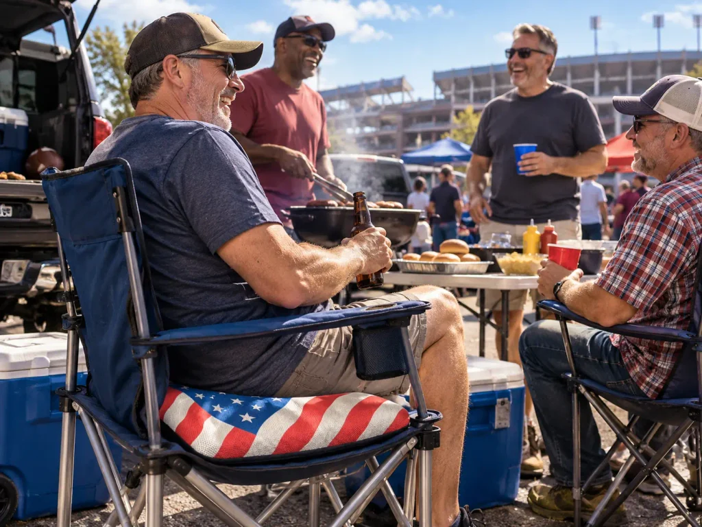 AJ Air Cushion with American flag design used at a casual tailgate gathering with friends before a football game.