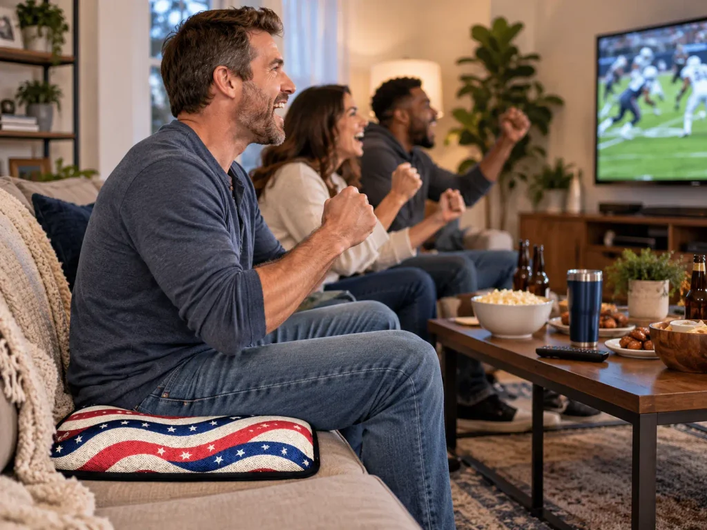 American flag AJ Air Cushion used during a casual home football watch party with friends and family.