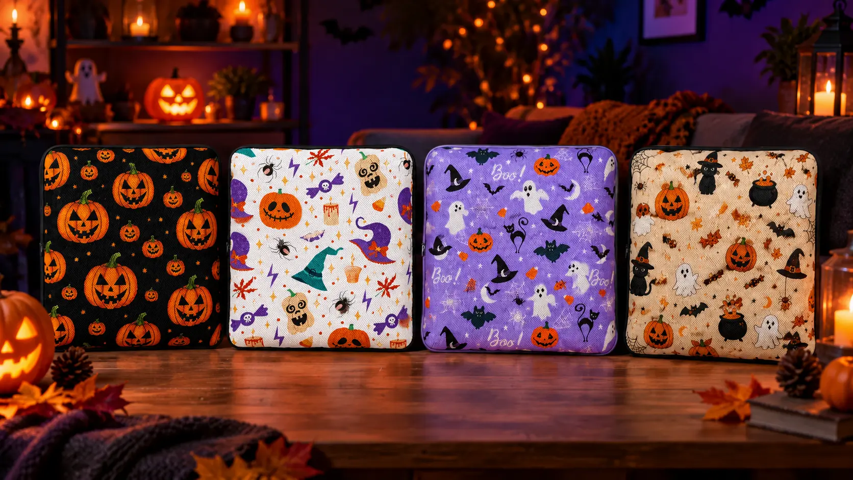 AJ Halloween seat cushion collection with four limited-edition prints
