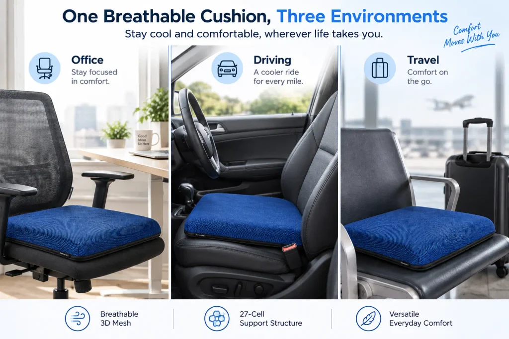 Breathable air seat cushion for office driving and travel