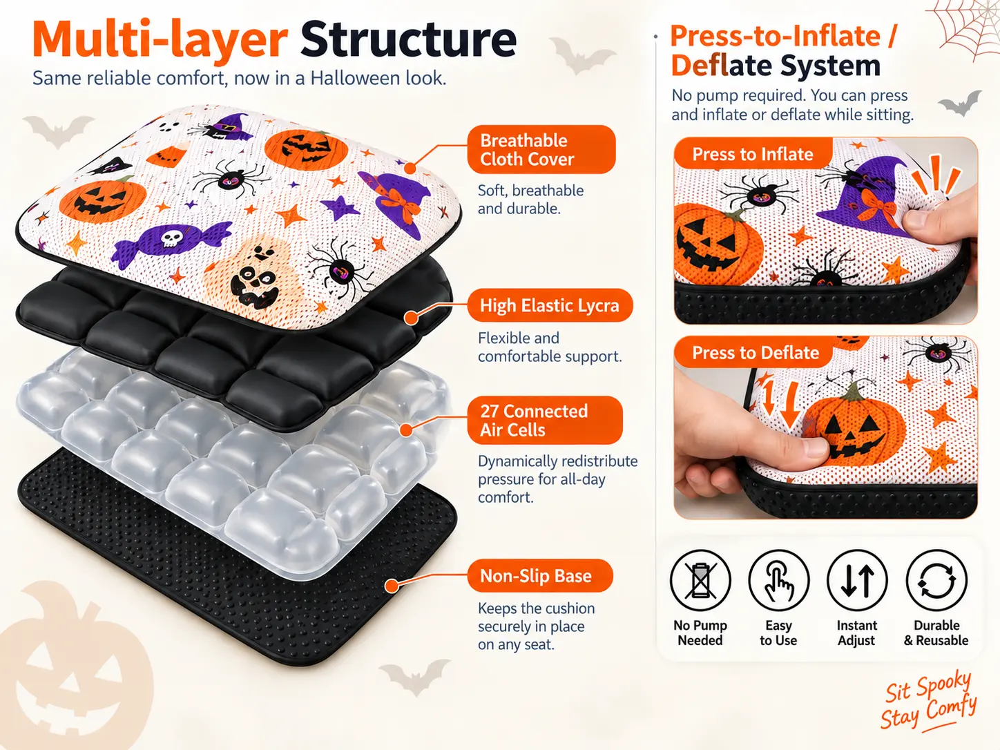 Halloween AJ Air Cushion with connected air cells, press pump and breathable mesh