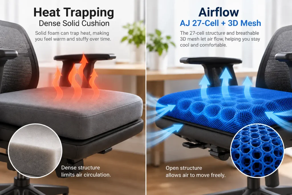 Seat cushion heat buildup compared with ventilated air-cell airflow