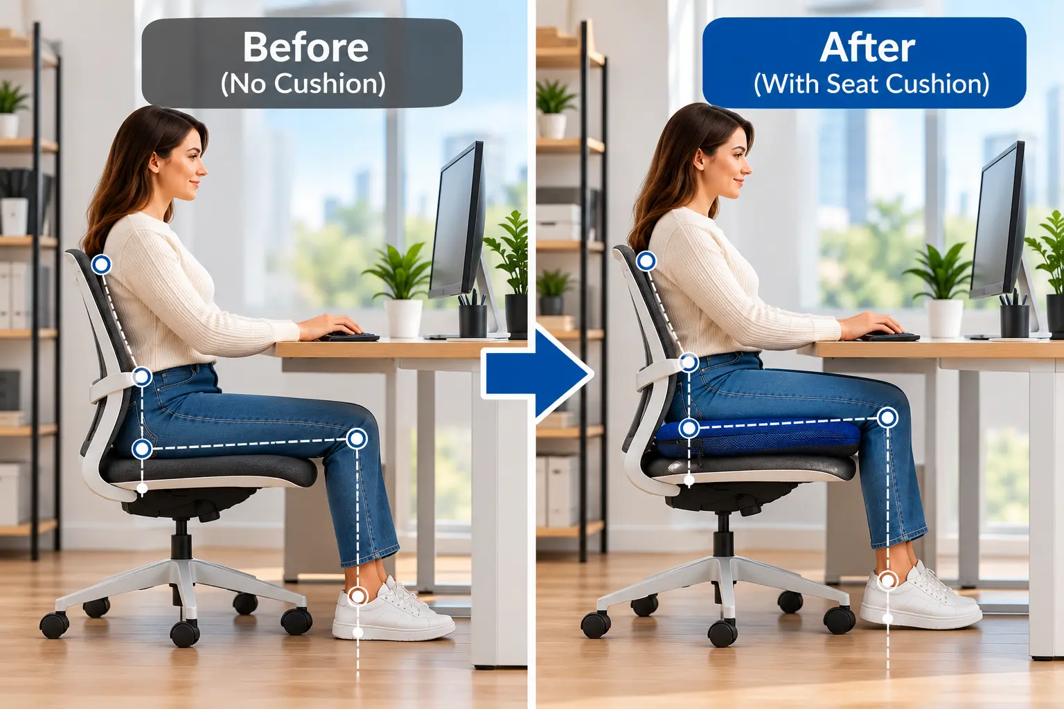 Before-and-after comparison showing how adding a blue air seat cushion changes sitting height and chair position.