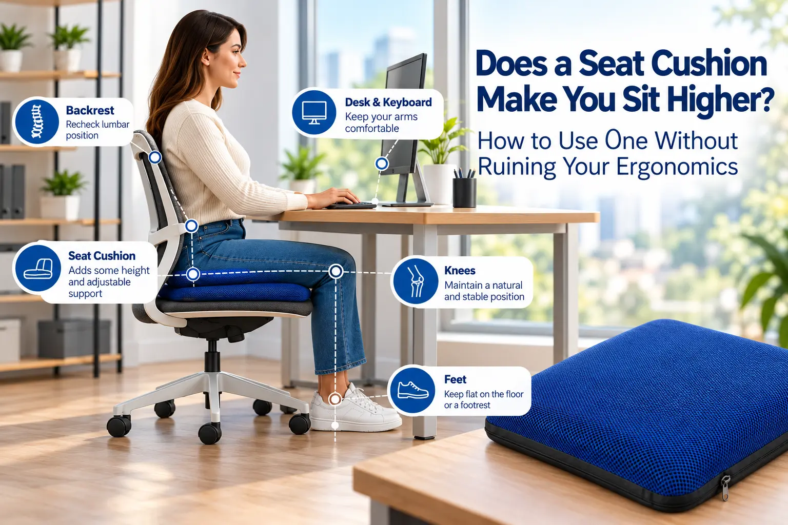 Blue AJ AIR CUSHION on an office chair showing how a seat cushion can change sitting height and desk ergonomics.