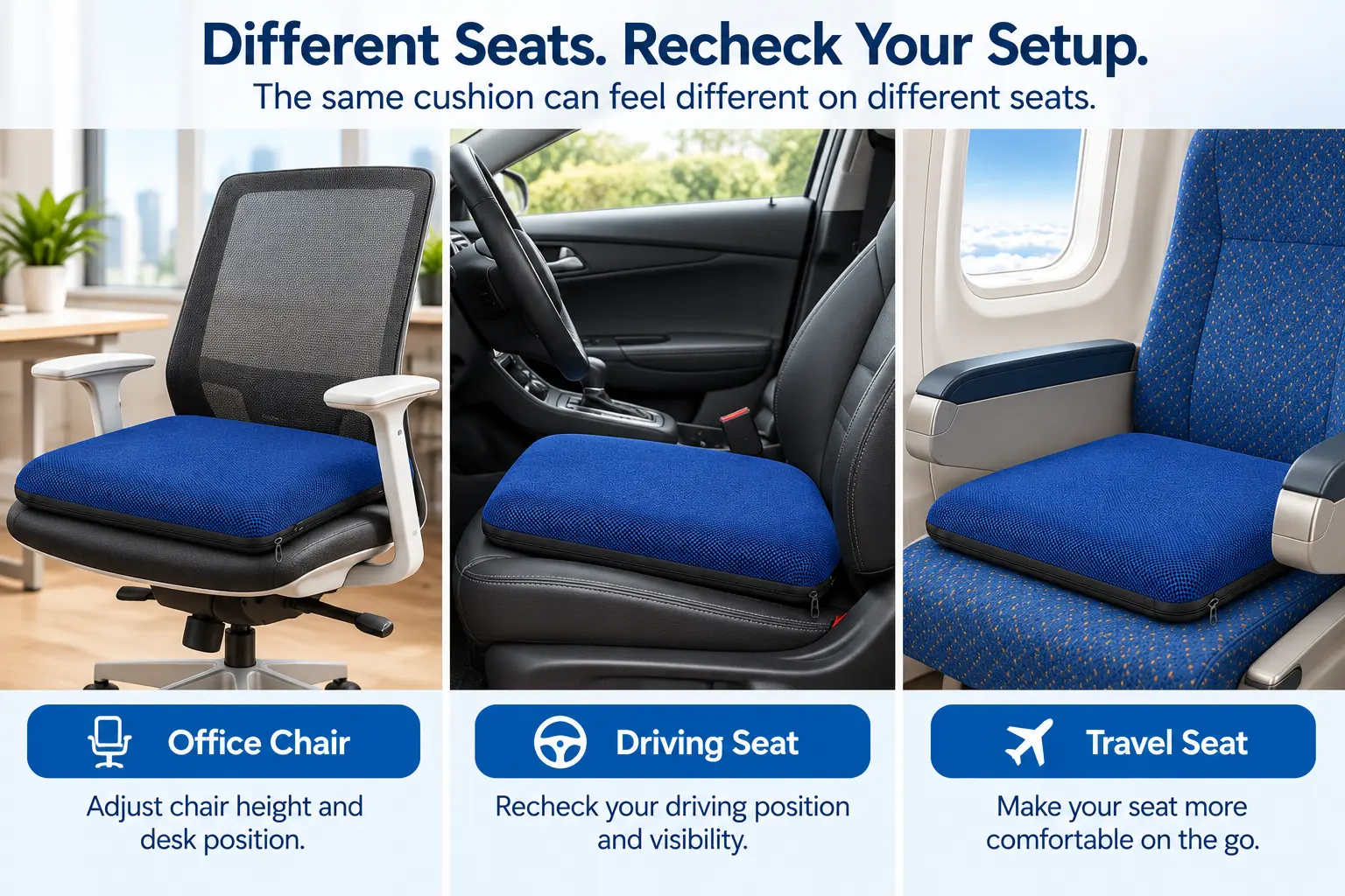 Blue adjustable air seat cushion used across office, driving and travel seats to illustrate different sitting-height setups.