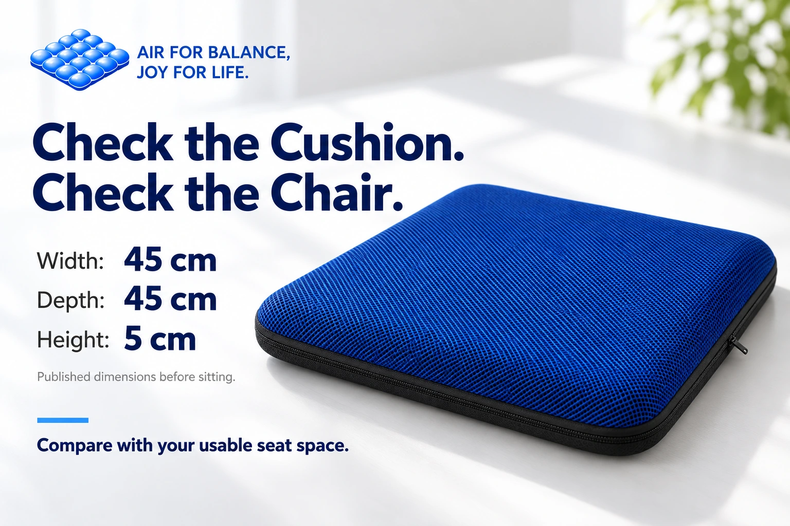 AJ flagship blue air seat cushion with published dimensions of 45 by 45 by 5 centimeters.