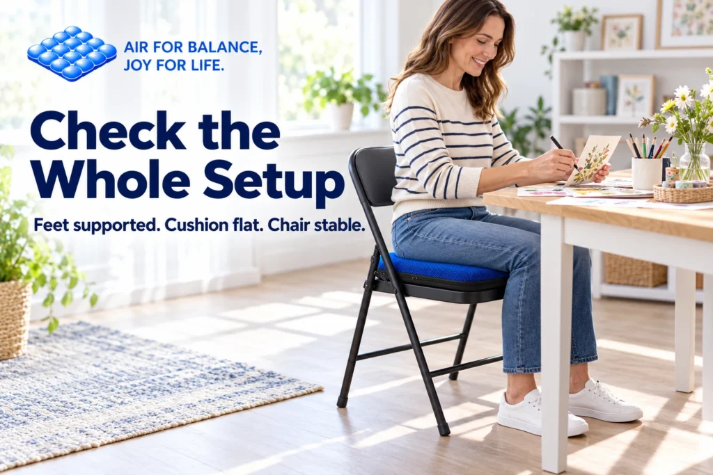 Woman crafting at a table on a blue AJ Air Cushion and black folding chair, with both feet on the floor.