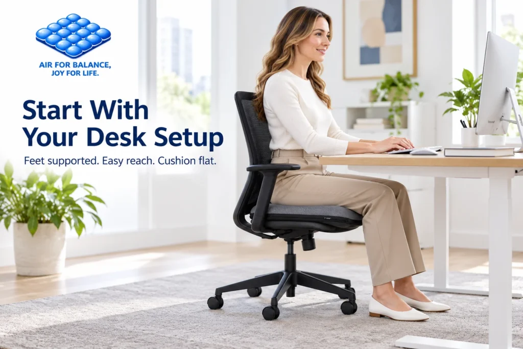 Woman using a gray AJ Air Cushion at an office desk, with both feet resting on the floor.