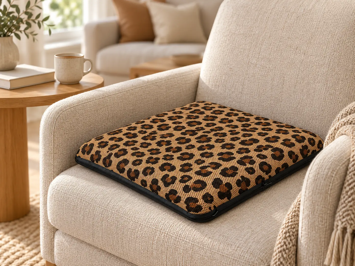 AJ brown leopard print air seat cushion on a beige reading armchair in a cozy living room.