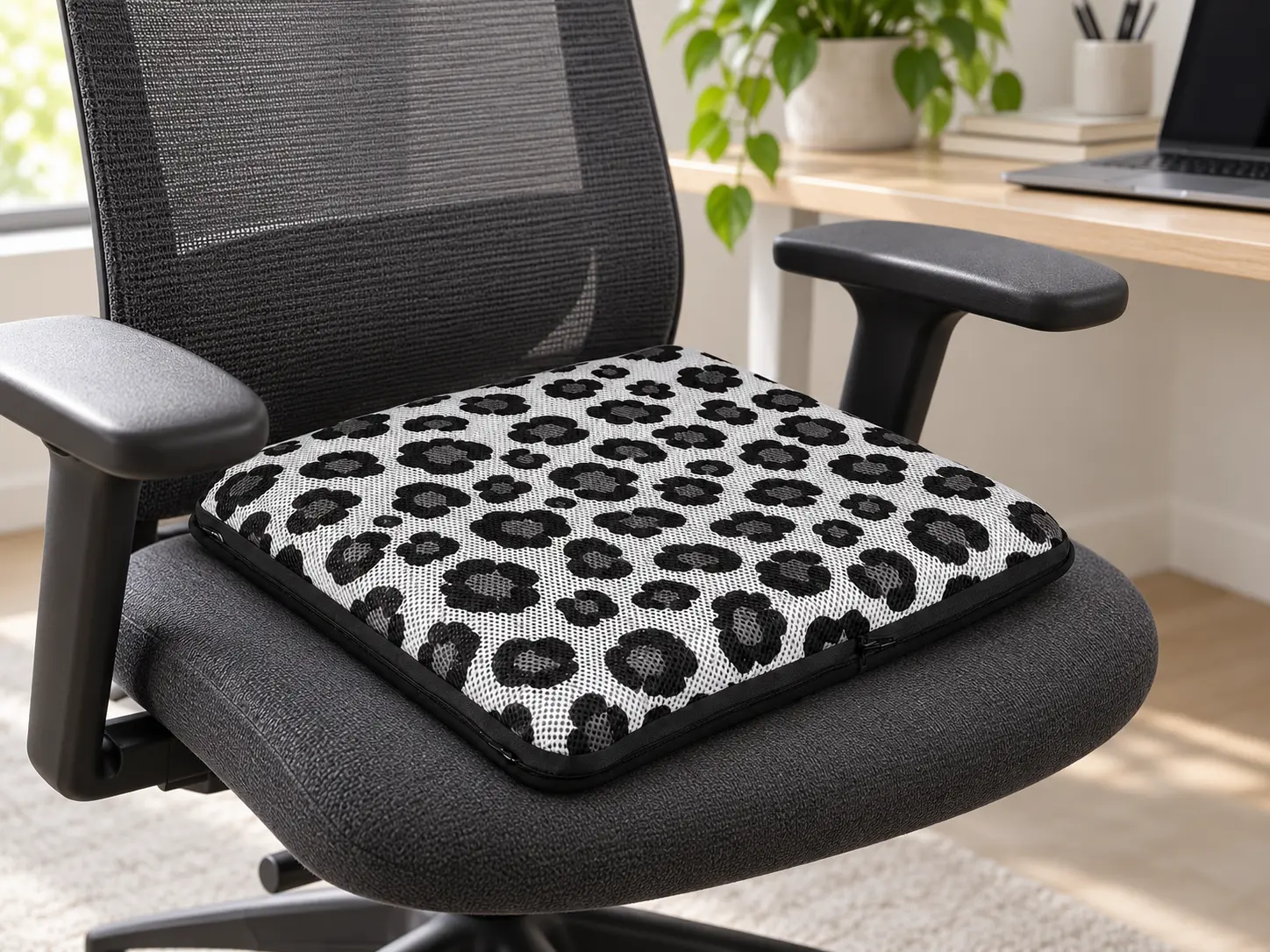 AJ gray leopard print air seat cushion placed on a modern ergonomic office chair.