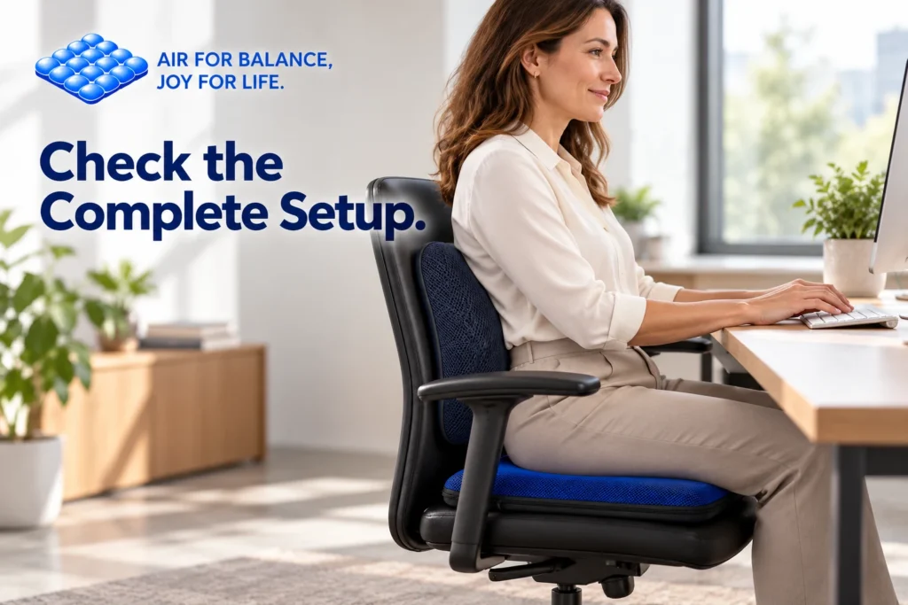 Office worker checking chair fit with a seat cushion and lumbar support used together.