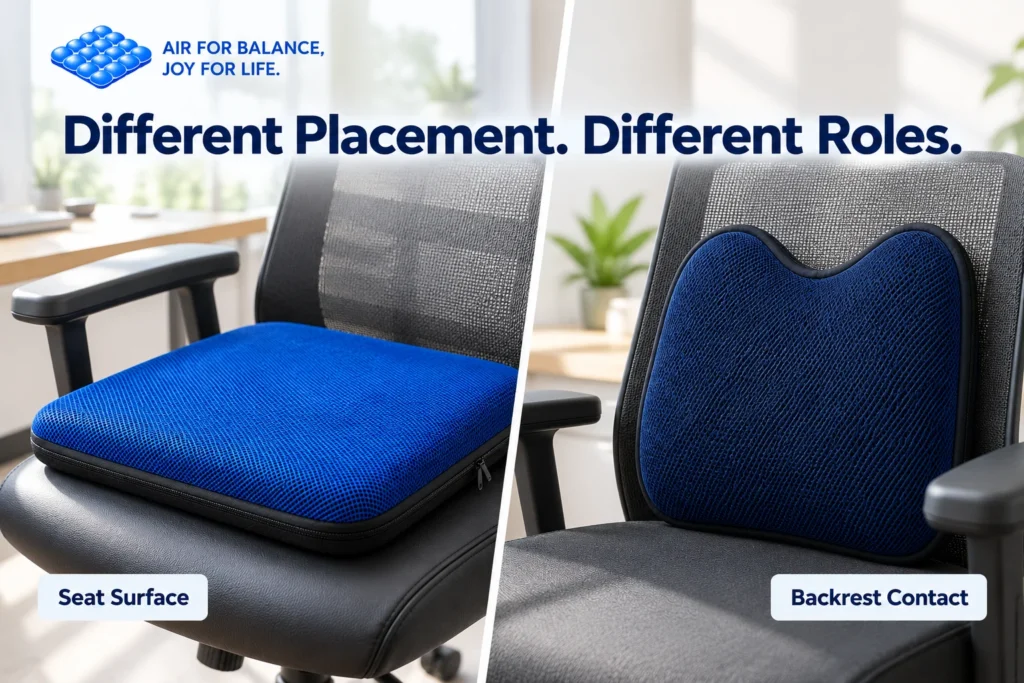 Comparison showing seat cushion placement on the seat and lumbar support placement against the lower backrest.